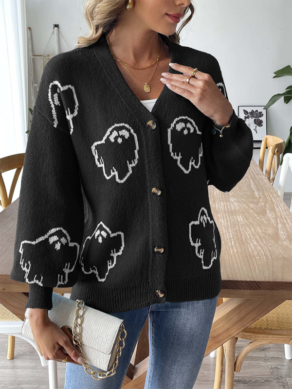 Loose Button Sweater Cartoon Jacquard Cardigan-[Adult]-[Female]-2022 Online Blue Zone Planet