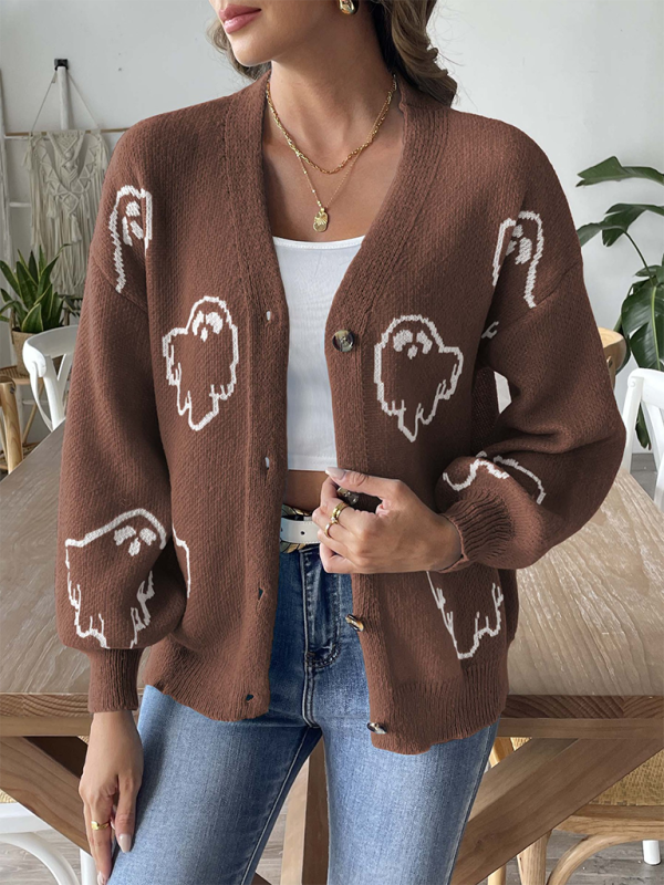 Loose Button Sweater Cartoon Jacquard Cardigan-[Adult]-[Female]-Coffee-S-2022 Online Blue Zone Planet