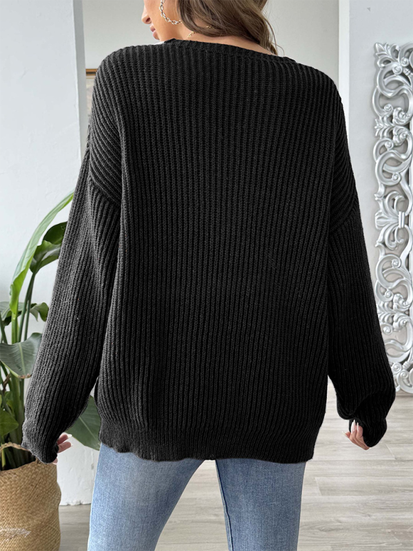 Contrast color stitching large V-neck loose pullover sweater-[Adult]-[Female]-2022 Online Blue Zone Planet