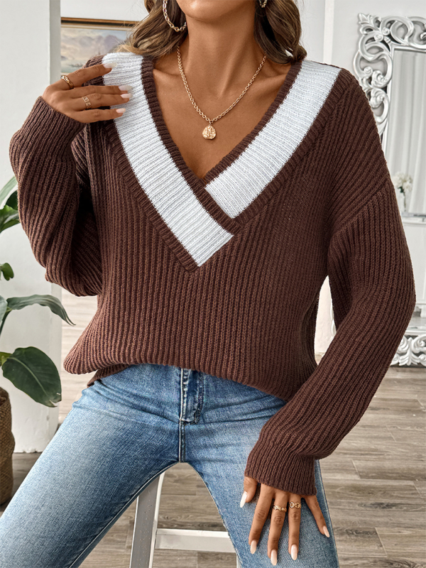 Contrast color stitching large V-neck loose pullover sweater-[Adult]-[Female]-Coffee-S-2022 Online Blue Zone Planet