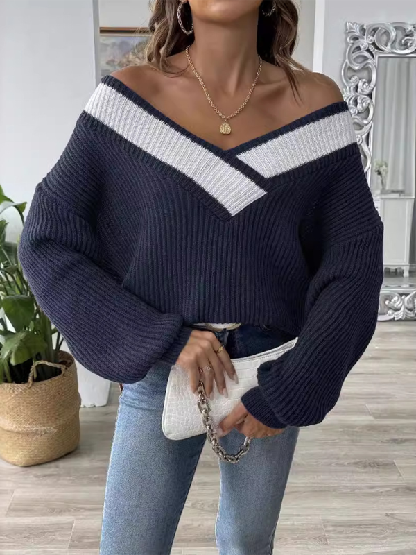 Contrast color stitching large V-neck loose pullover sweater-[Adult]-[Female]-Champlain color-S-2022 Online Blue Zone Planet