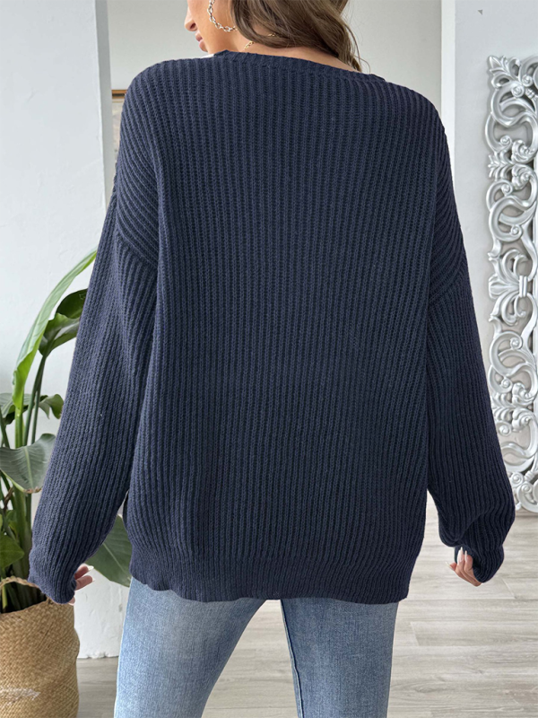 Contrast color stitching large V-neck loose pullover sweater-[Adult]-[Female]-2022 Online Blue Zone Planet