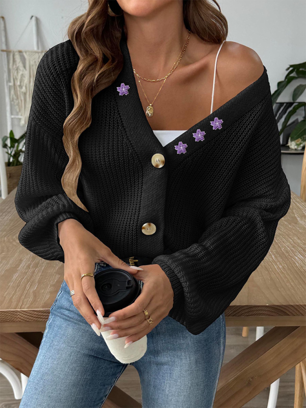 Floral Embroidered Applique Cropped Button Cardigan Sweater-[Adult]-[Female]-2022 Online Blue Zone Planet