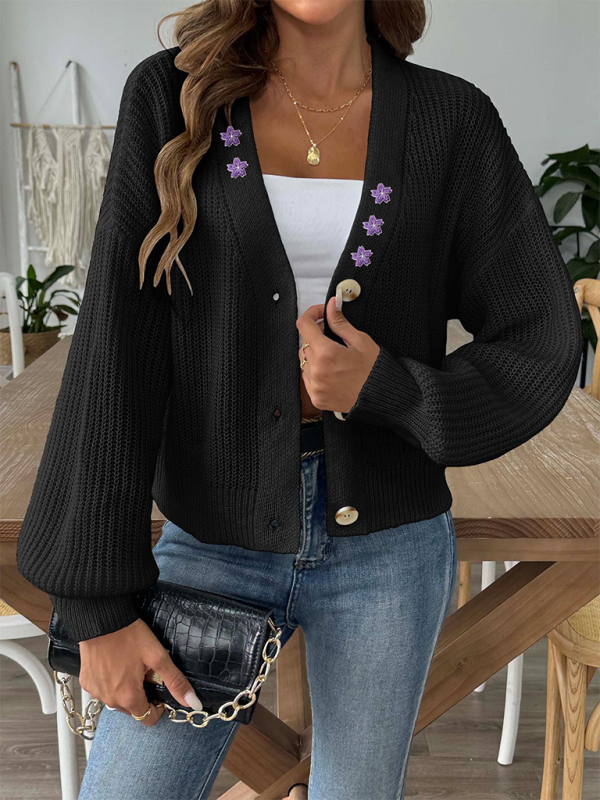 Floral Embroidered Applique Cropped Button Cardigan Sweater-[Adult]-[Female]-2022 Online Blue Zone Planet