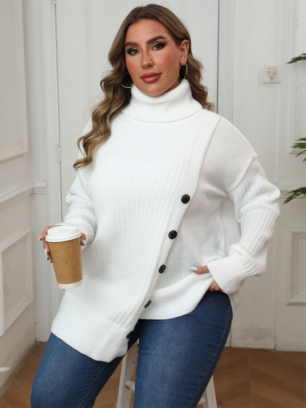 Plus Size Button Decorated Irregular Sweater-[Adult]-[Female]-2022 Online Blue Zone Planet