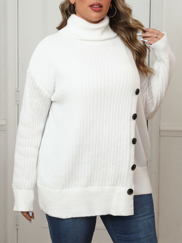 Plus Size Button Decorated Irregular Sweater-[Adult]-[Female]-2022 Online Blue Zone Planet