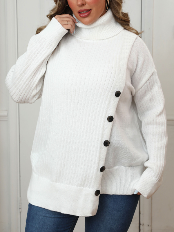 Plus Size Button Decorated Irregular Sweater-[Adult]-[Female]-White-L-2022 Online Blue Zone Planet