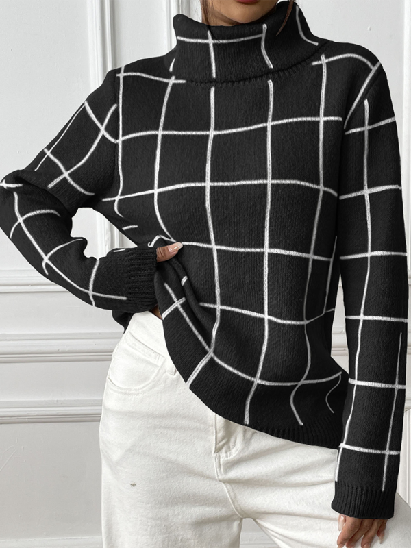 Contrast Plaid Turtleneck Sweater Top-[Adult]-[Female]-2022 Online Blue Zone Planet