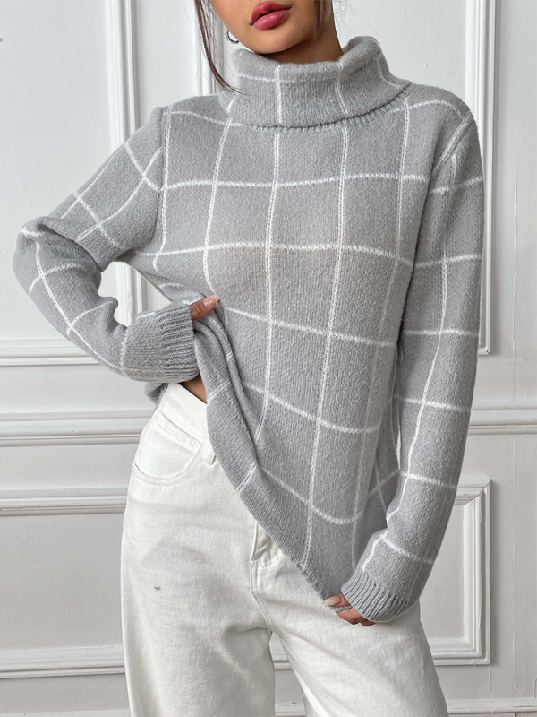 Contrast Plaid Turtleneck Sweater Top-[Adult]-[Female]-Grey-S-2022 Online Blue Zone Planet