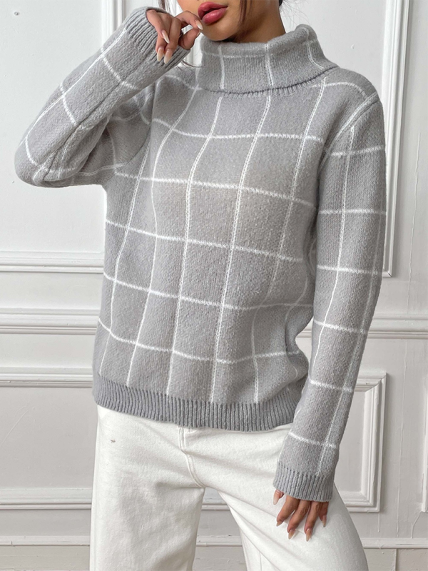 Contrast Plaid Turtleneck Sweater Top-[Adult]-[Female]-2022 Online Blue Zone Planet