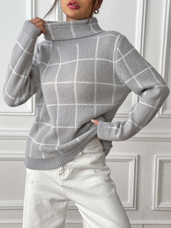 Contrast Plaid Turtleneck Sweater Top-[Adult]-[Female]-2022 Online Blue Zone Planet