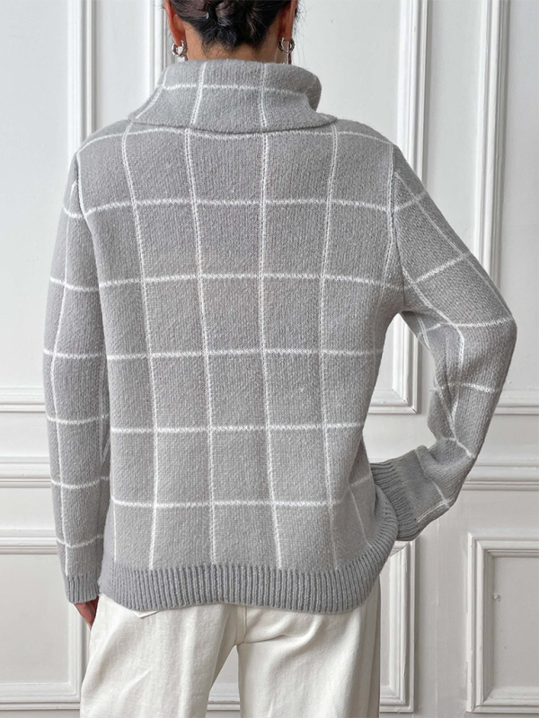 Contrast Plaid Turtleneck Sweater Top-[Adult]-[Female]-2022 Online Blue Zone Planet