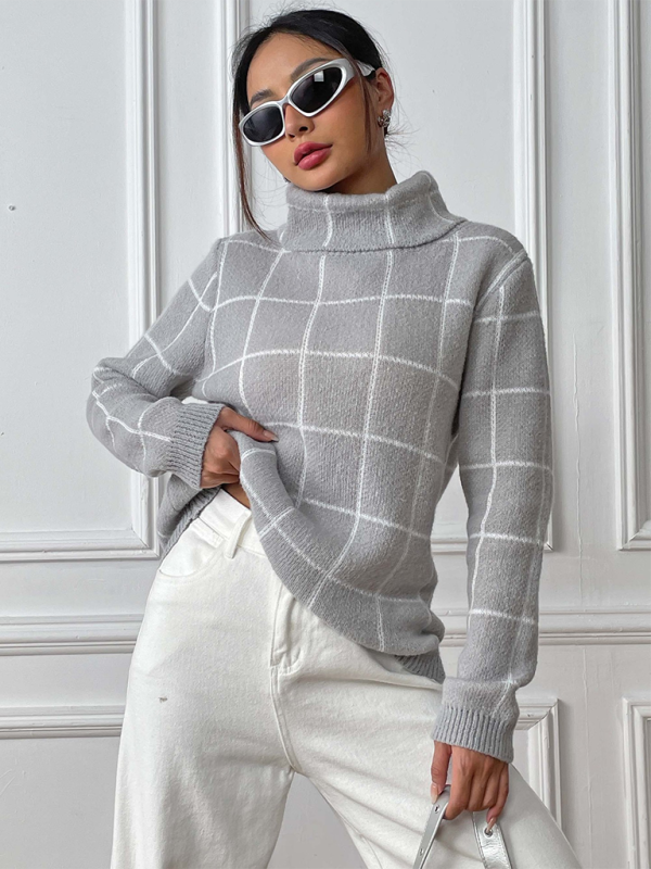 Contrast Plaid Turtleneck Sweater Top-[Adult]-[Female]-2022 Online Blue Zone Planet