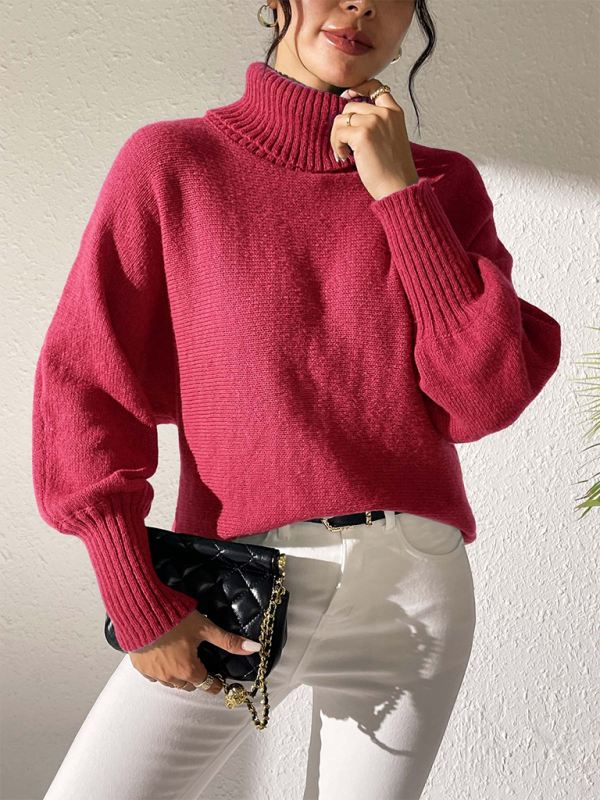 Solid color simple bat sleeve top high collar lapel sweater-[Adult]-[Female]-Red-S-2022 Online Blue Zone Planet