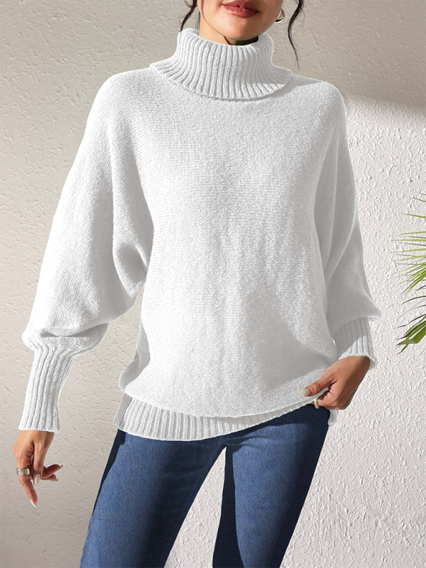 Solid color simple bat sleeve top high collar lapel sweater-[Adult]-[Female]-2022 Online Blue Zone Planet