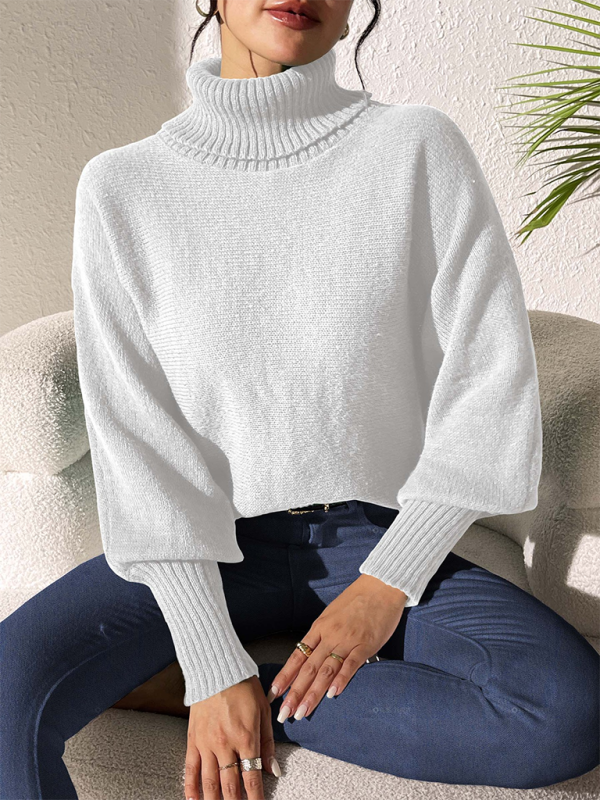 Solid color simple bat sleeve top high collar lapel sweater-[Adult]-[Female]-2022 Online Blue Zone Planet