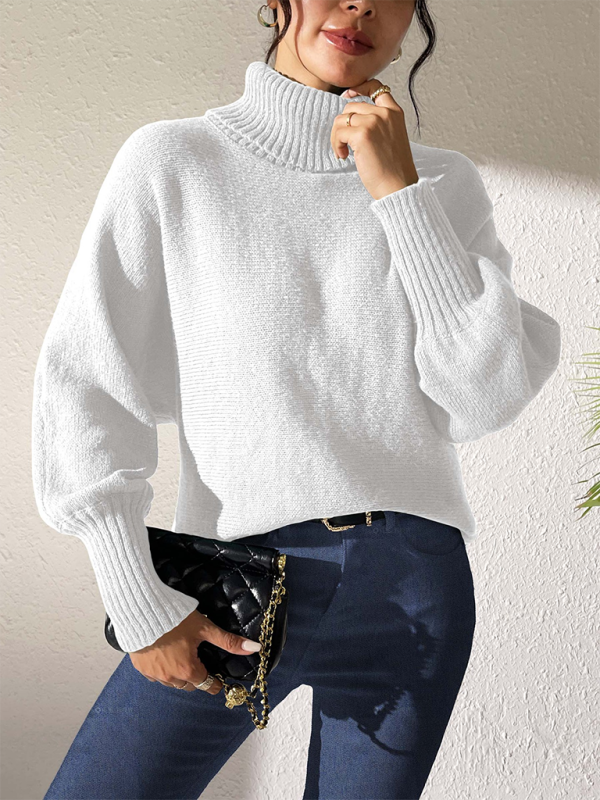 Solid color simple bat sleeve top high collar lapel sweater-[Adult]-[Female]-2022 Online Blue Zone Planet