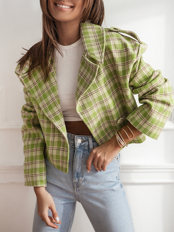 Fashionable British style suit collar plaid woolen coat-[Adult]-[Female]-Green-S-2022 Online Blue Zone Planet