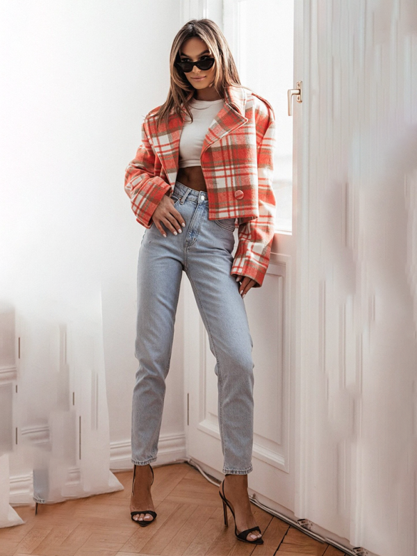 Fashionable British style suit collar plaid woolen coat-[Adult]-[Female]-2022 Online Blue Zone Planet