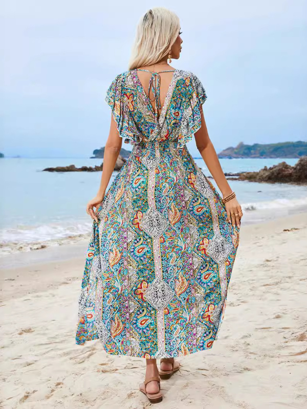 V-neck open back rayon printed ruffled short sleeve slit dress-[Adult]-[Female]-2022 Online Blue Zone Planet