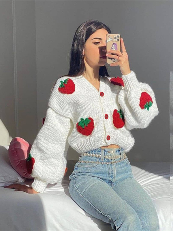 Blue Zone Planet | Mia's Single Breasted V-Neck Knitted Strawberry Long Sleeve Cardigan-TOPS / DRESSES-[Adult]-[Female]-2022 Online Blue Zone Planet