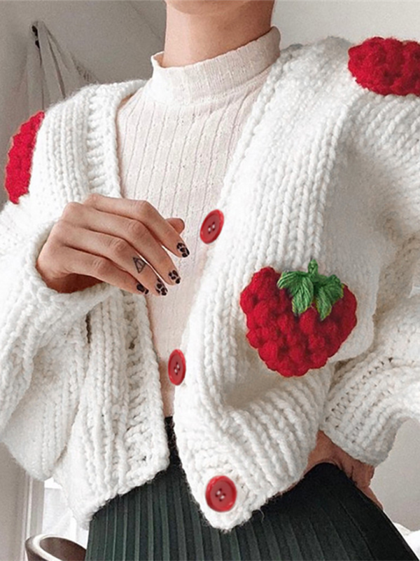 Blue Zone Planet | Mia's Single Breasted V-Neck Knitted Strawberry Long Sleeve Cardigan-TOPS / DRESSES-[Adult]-[Female]-White-S-2022 Online Blue Zone Planet