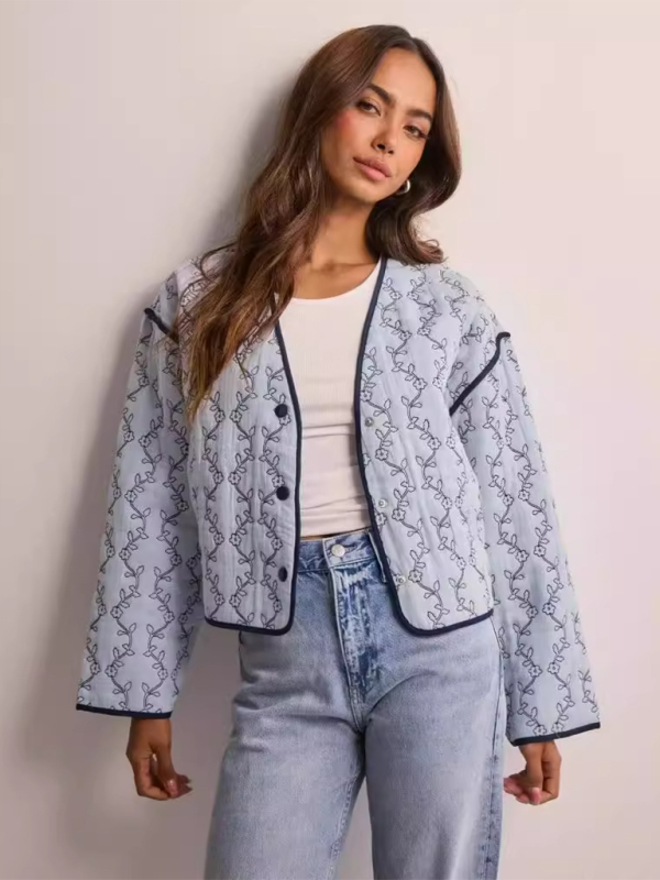 Blue Zone Planet | Anna's Botanical Print Quilted Thin Short Jacket-TOPS / DRESSES-[Adult]-[Female]-Blue-S-2022 Online Blue Zone Planet