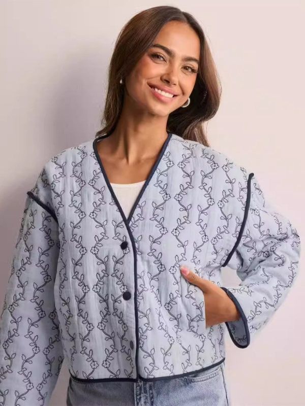 Blue Zone Planet | Anna's Botanical Print Quilted Thin Short Jacket-TOPS / DRESSES-[Adult]-[Female]-2022 Online Blue Zone Planet