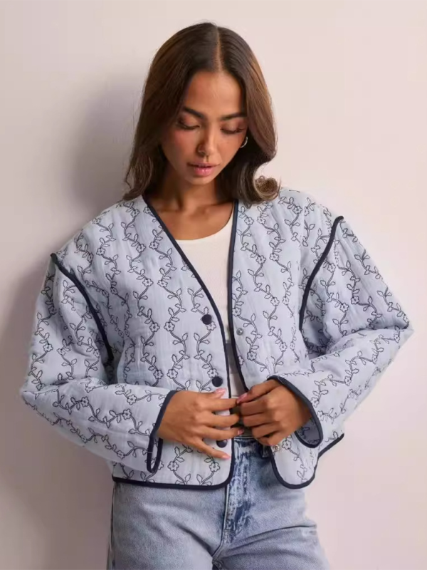 Blue Zone Planet | Anna's Botanical Print Quilted Thin Short Jacket-TOPS / DRESSES-[Adult]-[Female]-2022 Online Blue Zone Planet