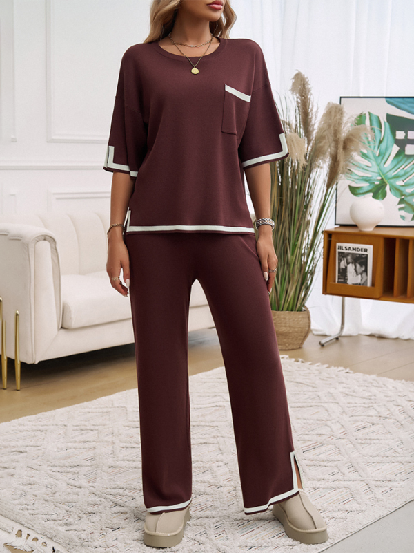 Contrast color short-sleeved trousers and sweater set-TOPS / DRESSES-[Adult]-[Female]-2022 Online Blue Zone Planet