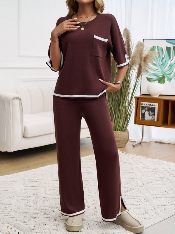 Contrast color short-sleeved trousers and sweater set-TOPS / DRESSES-[Adult]-[Female]-2022 Online Blue Zone Planet