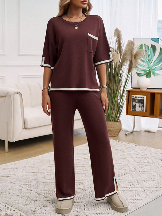 Contrast color short-sleeved trousers and sweater set-TOPS / DRESSES-[Adult]-[Female]-Brown-S-2022 Online Blue Zone Planet