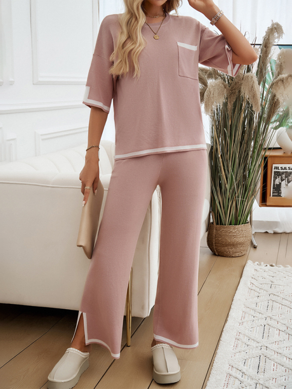 Contrast color short-sleeved trousers and sweater set-TOPS / DRESSES-[Adult]-[Female]-2022 Online Blue Zone Planet