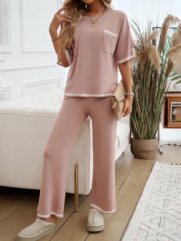 Contrast color short-sleeved trousers and sweater set-TOPS / DRESSES-[Adult]-[Female]-2022 Online Blue Zone Planet