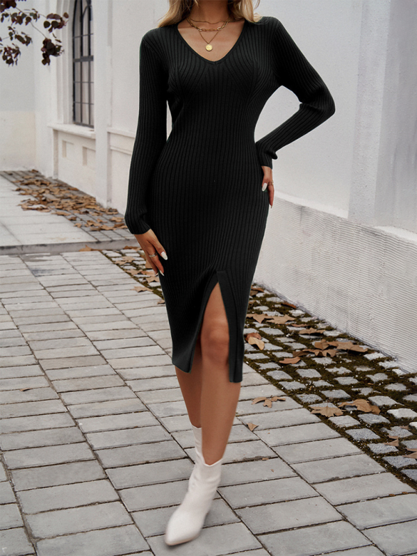 long sleeve sweater dress with slit Empowered- Brown Long Sleeve Midi Sweater Dress With High Side Slit