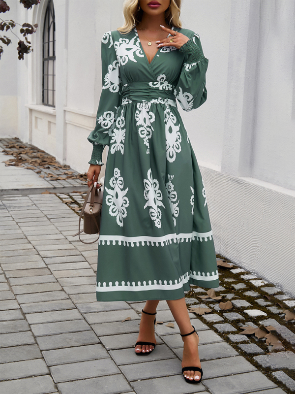 Contrast color print elegant v-neck long sleeve dress-TOPS / DRESSES-[Adult]-[Female]-2022 Online Blue Zone Planet