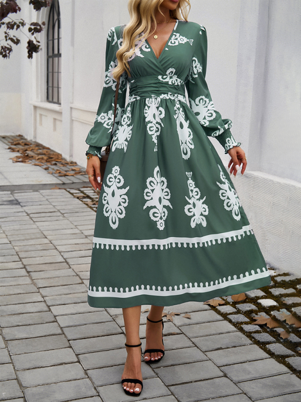Contrast color print elegant v-neck long sleeve dress-TOPS / DRESSES-[Adult]-[Female]-2022 Online Blue Zone Planet