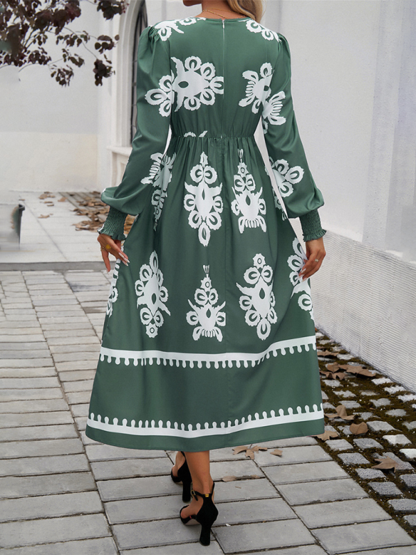 Contrast color print elegant v-neck long sleeve dress-TOPS / DRESSES-[Adult]-[Female]-2022 Online Blue Zone Planet