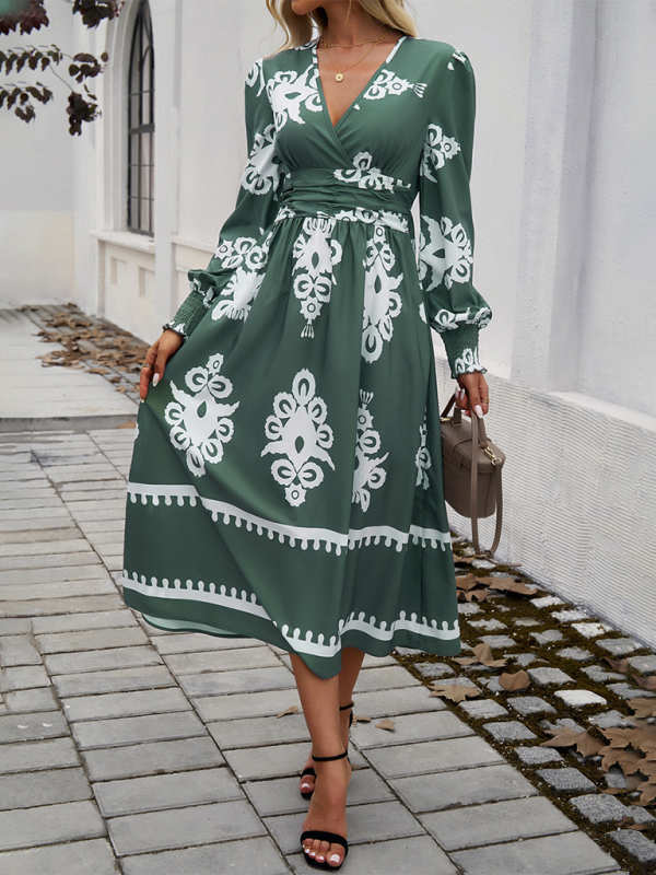 Contrast color print elegant v-neck long sleeve dress-TOPS / DRESSES-[Adult]-[Female]-Olive green-S-2022 Online Blue Zone Planet