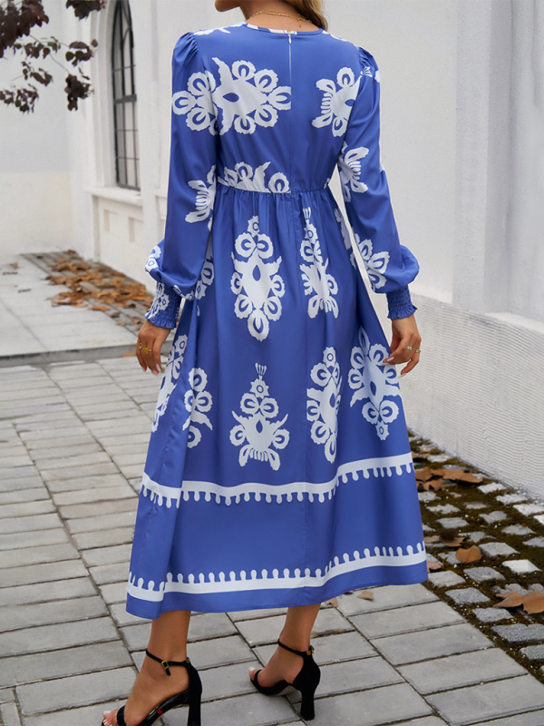 Contrast color print elegant v-neck long sleeve dress-TOPS / DRESSES-[Adult]-[Female]-2022 Online Blue Zone Planet