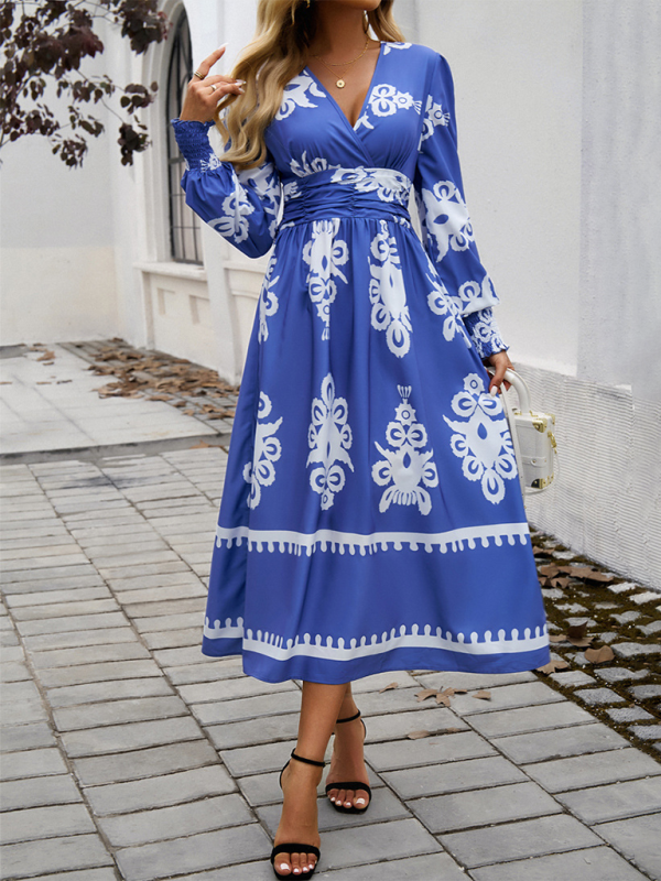 Contrast color print elegant v-neck long sleeve dress-TOPS / DRESSES-[Adult]-[Female]-2022 Online Blue Zone Planet
