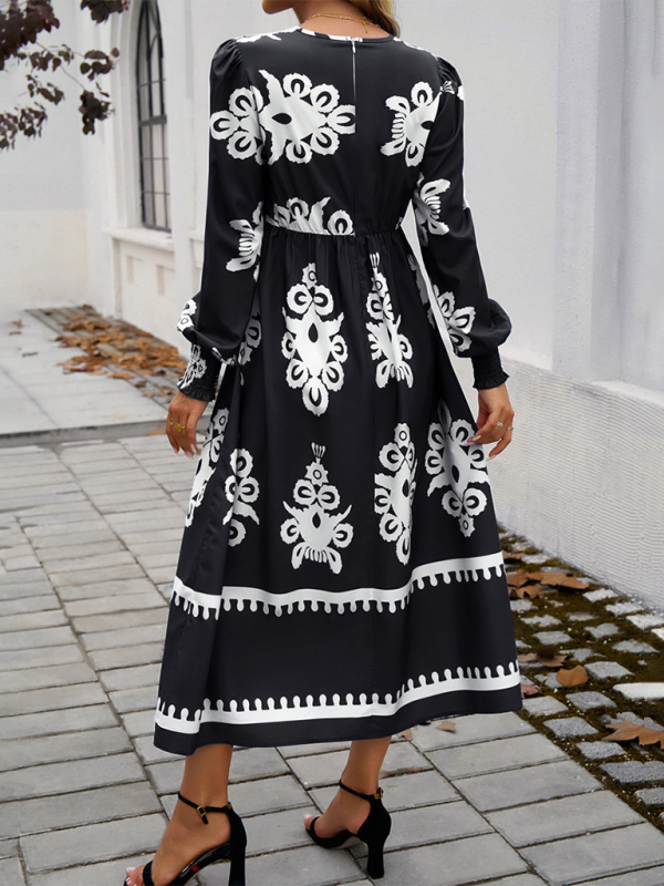 Contrast color print elegant v-neck long sleeve dress-TOPS / DRESSES-[Adult]-[Female]-2022 Online Blue Zone Planet