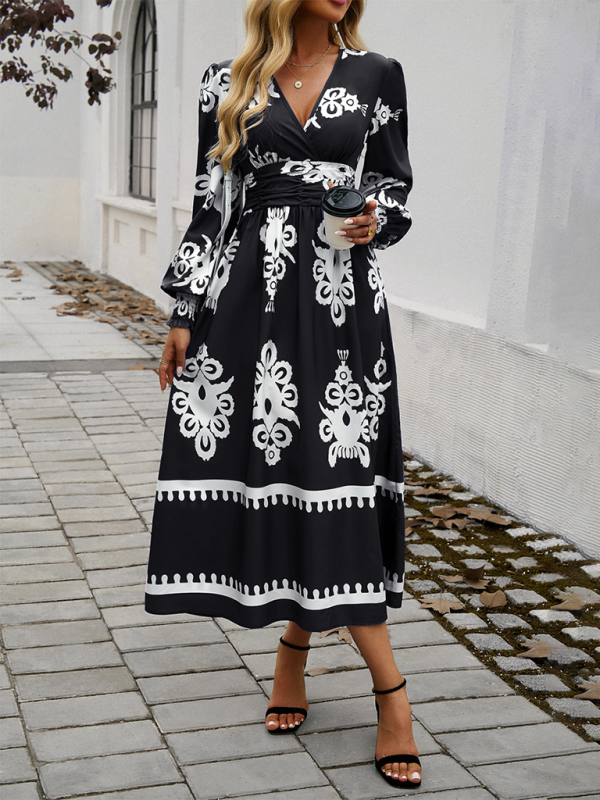 Contrast color print elegant v-neck long sleeve dress-TOPS / DRESSES-[Adult]-[Female]-2022 Online Blue Zone Planet