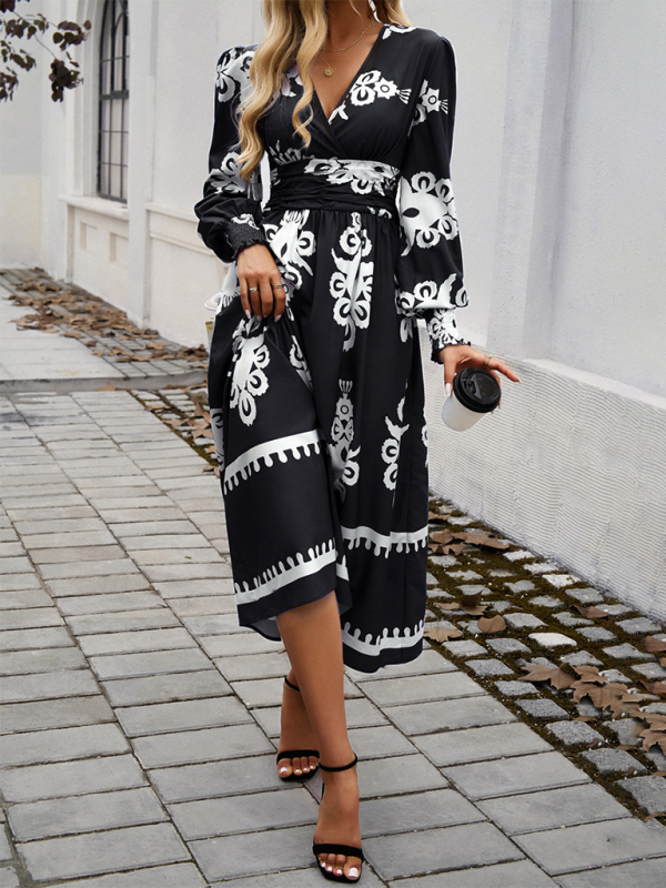 Contrast color print elegant v-neck long sleeve dress-TOPS / DRESSES-[Adult]-[Female]-2022 Online Blue Zone Planet