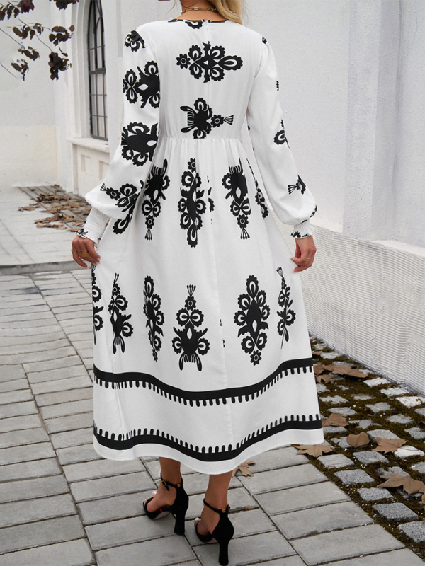 Contrast color print elegant v-neck long sleeve dress-TOPS / DRESSES-[Adult]-[Female]-2022 Online Blue Zone Planet