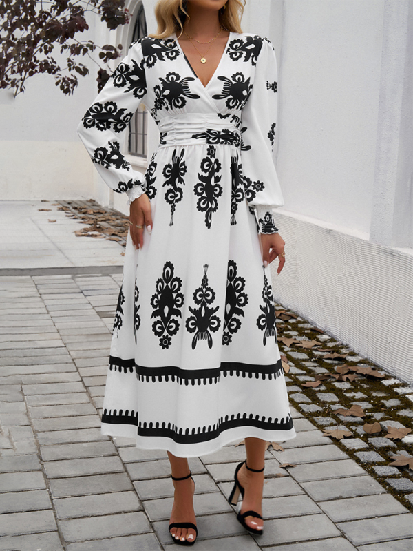 Contrast color print elegant v-neck long sleeve dress-TOPS / DRESSES-[Adult]-[Female]-2022 Online Blue Zone Planet