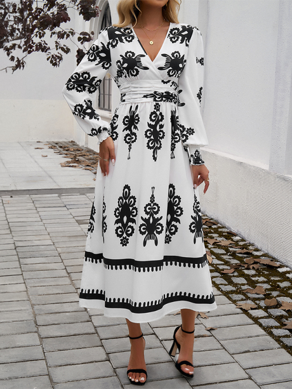 Contrast color print elegant v-neck long sleeve dress-TOPS / DRESSES-[Adult]-[Female]-2022 Online Blue Zone Planet
