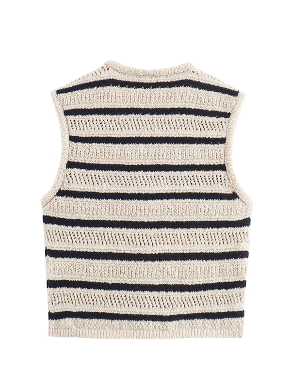 Blue Zone Planet | V-neck striped knitted vest-TOPS / DRESSES-[Adult]-[Female]-2022 Online Blue Zone Planet