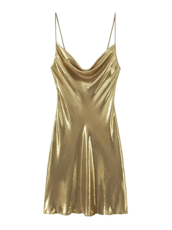 Tina s Low Cut Backless Metallic Strappy Mini Dress Blue Zone Planet Golden Yellow S by Blue Zone Planet