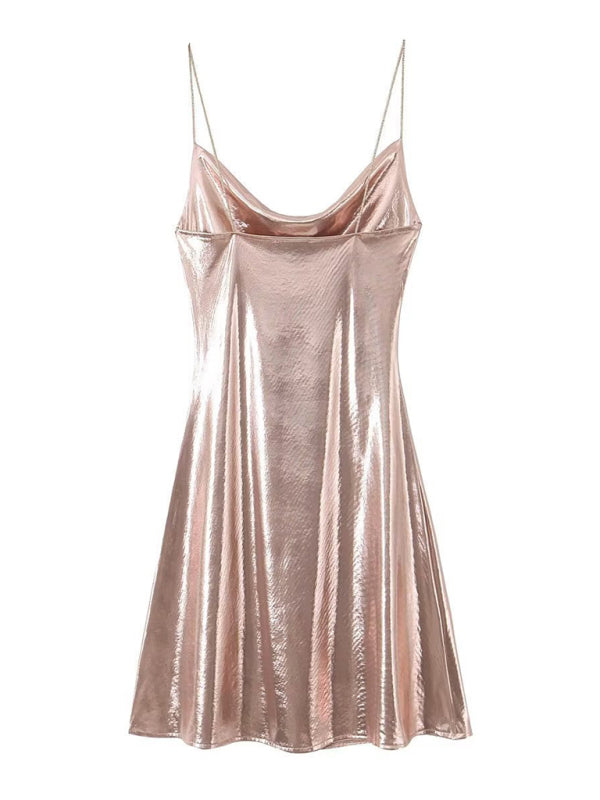 Low-cut backless metallic suspender dress-[Adult]-[Female]-2022 Online Blue Zone Planet